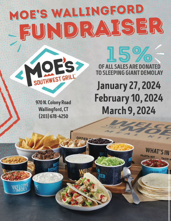 Hey everyone, me and the brothers at sleeping giant chapter DeMolay, are doing a fundraiser with Moes  in Wallingford. All you have to do is go and get some food. Any information not mentioned here is on the flyer below. Any questions feel free to reach out to me
