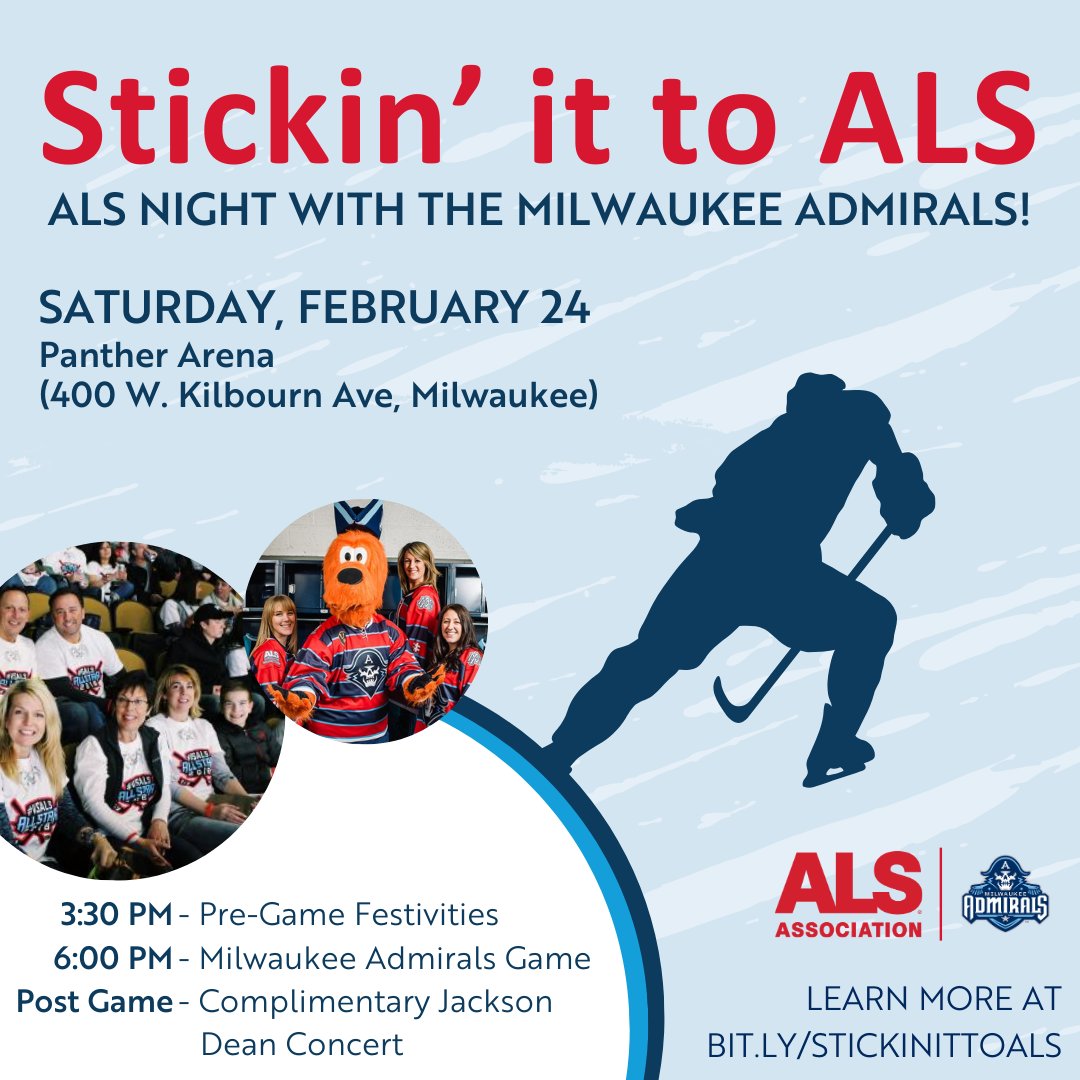 Join us for a pre-game party with live music, food and drinks, a special commemorative item and more, followed by the game where the Admirals will dominate on the ice against the Chicago Wolves. Get your packages before they sell out!

bit.ly/StickinItToALS