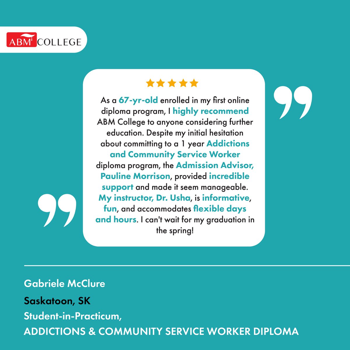 "Despite my initial hesitation about committing to a 1-yr diploma course, my Admissions Advisor and Instructor made it a worthwhile decision!

Thanks Gabriele for your kind words! 🥰

Learn More:
ABMCollege.com

#abmcollege #testimonial #onlinecourses  #communityworker