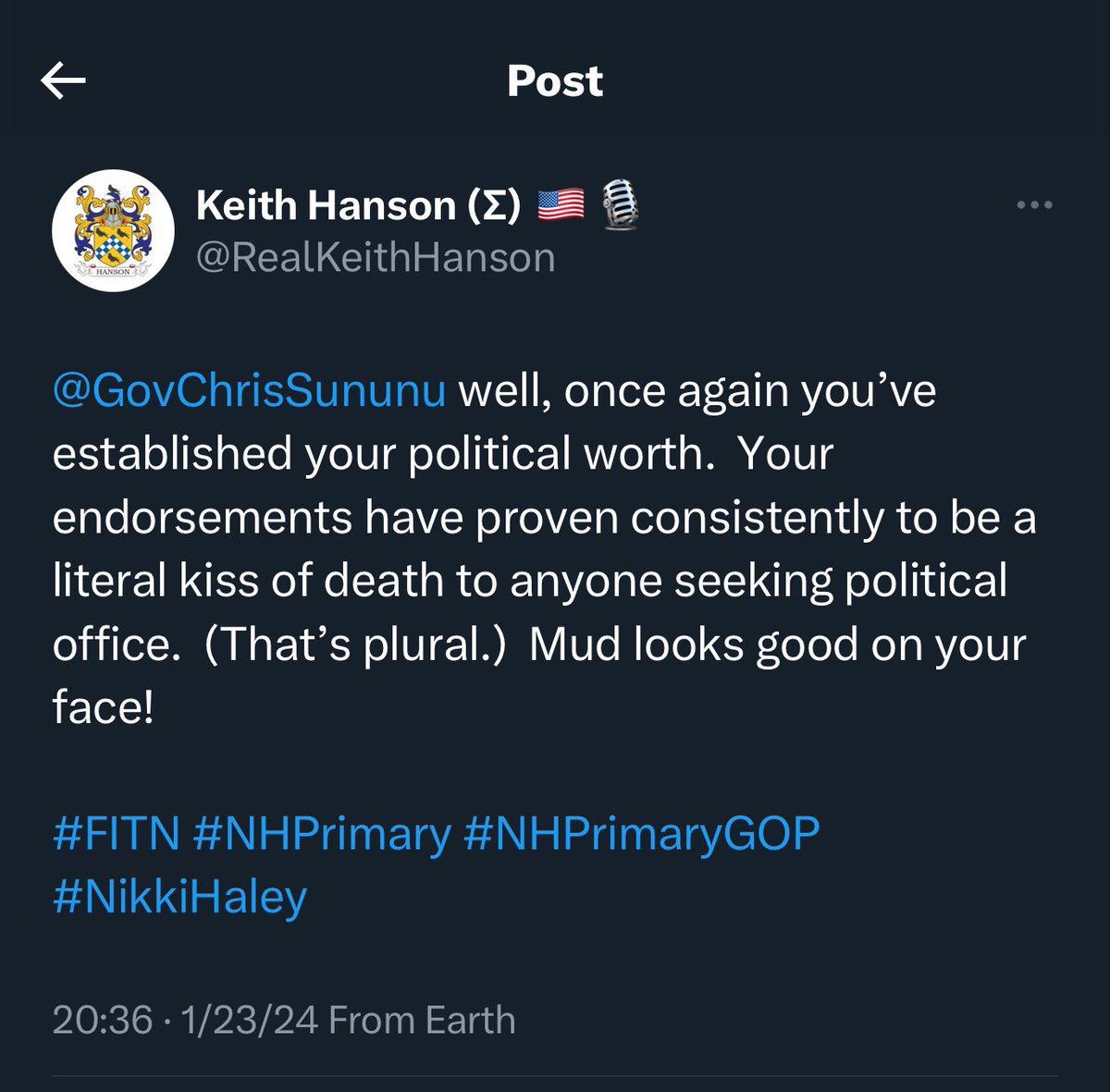 RealKeithHanson's tweet photo. @NHKathySullivan @GovChrisSununu @KellyAyotte Holy crap, Kathy… we actually AGREE on something!  

#NHPolitics #FITN https://t.co/20i2T3ETXo
