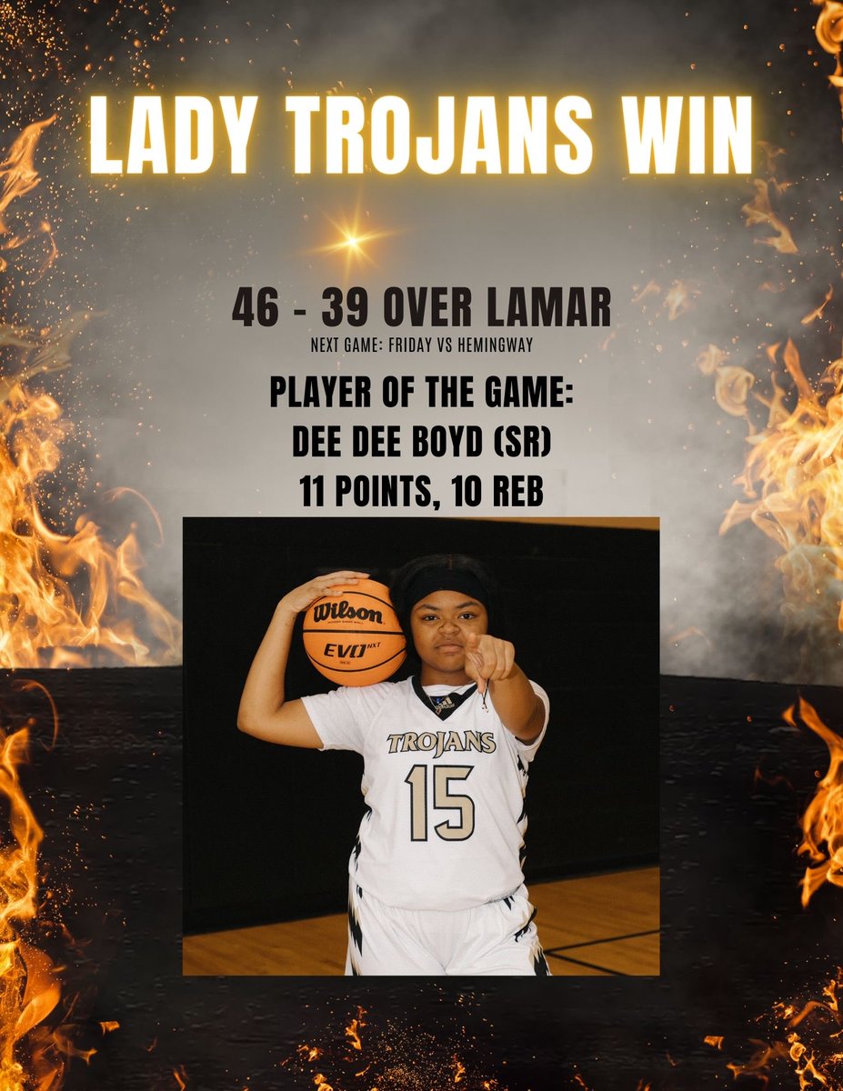 Congratulations to the Lady Trojans for their region win tonight over Lamar 46-39!

Scorers were S Hilliard 16, P McClellan 9, C Wilson 2, D Boyd 11, J McCleod 8

Next game is Friday at Hemingway.