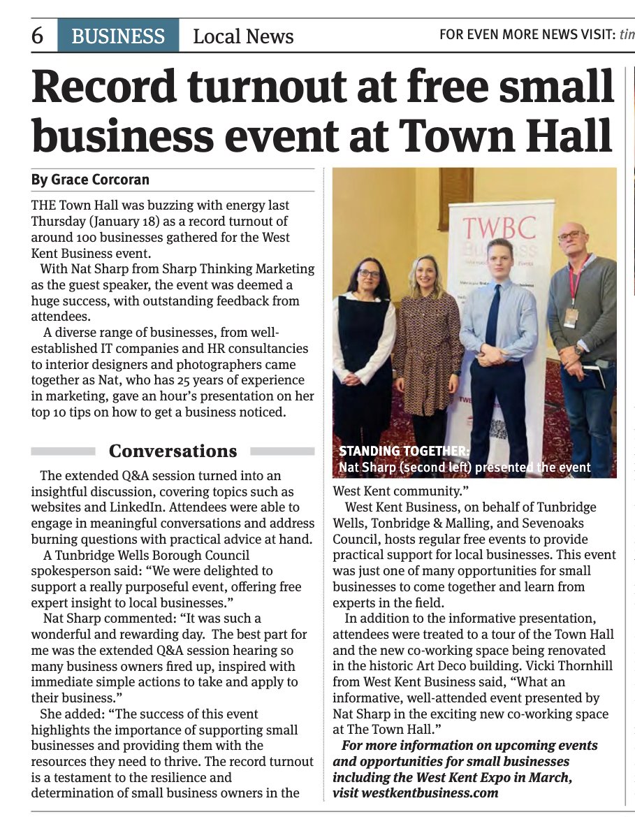 Thank you @timeslocalnews for featuring last week's event led by @WKentBusiness where I gave an hour talk on how to get your business noticed in the historic Town Hall. #tunbridgewells #KENT #SmallBusiness