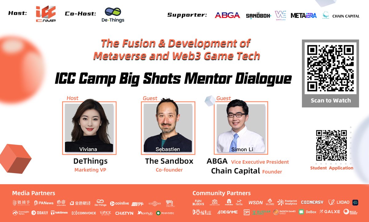 🔥Stay focus on ICC Zoom Livestream——ICC Big Shots Dialogue for #Web3Game Entrepreneurs ⏰: 26 Jan 2024, 20:00 (UTC+8) We're honored to invite: Sebastien —— Co-founder of @TheSandboxGame Simon Li —— Vice President of @ABGAasia; Founder of @ChainCapital666 See you on Friday!