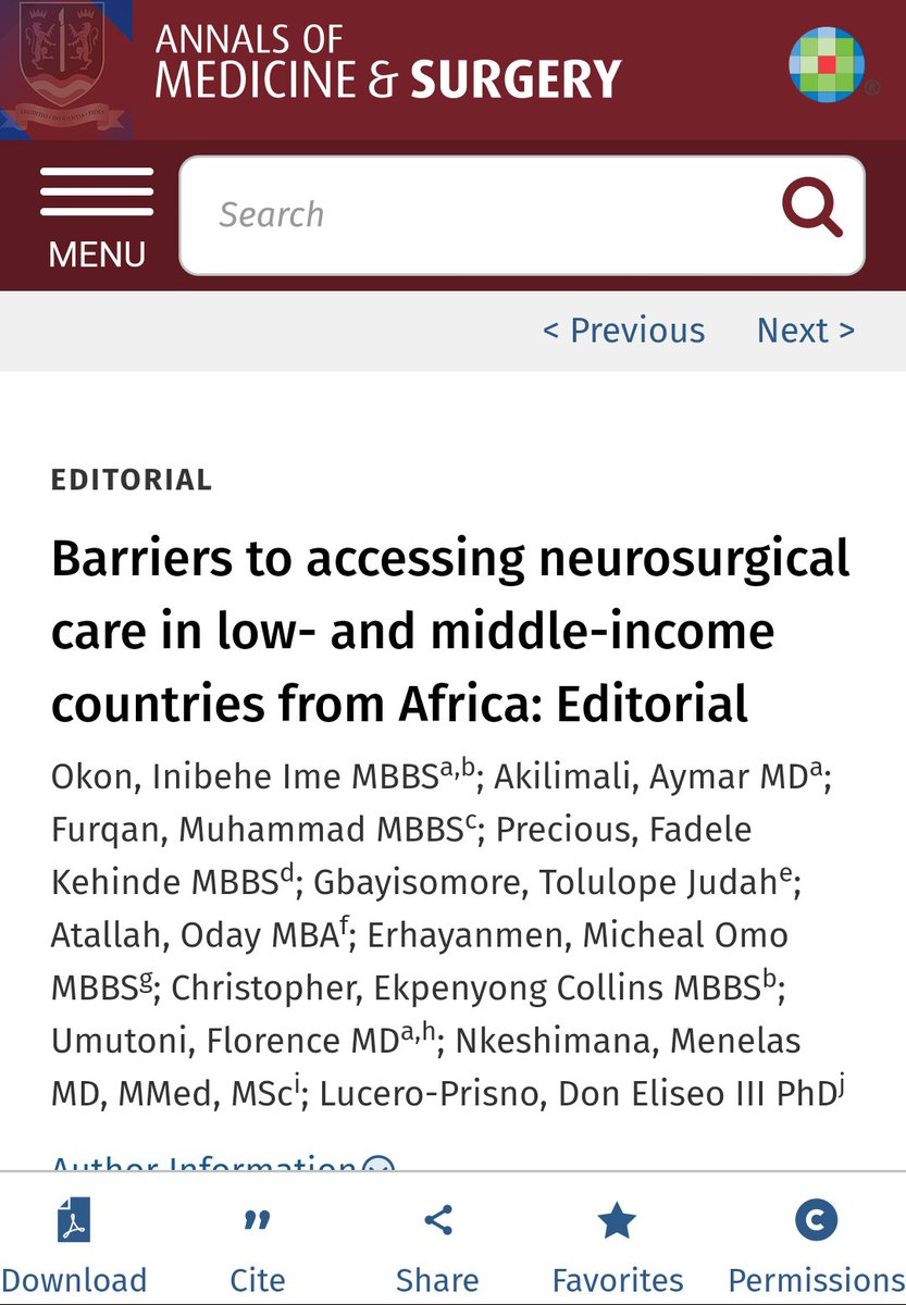 The editorial highlights formidable barriers to neurosurgical care in African Low-
and Middle-Income Countries.

@Msa_Drc   #MedRec  @medsar_rwanda
@Uni_Rwanda   @mnls_nke
@AnnalsJournal  @LSHTM
@universityofuyo @UnivOfNigeria
@EAC_yap @StyvesB82365

journals.lww.com/annals-of-medi…