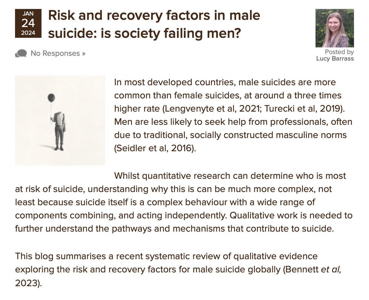 Lucy Barrass considers a review by @susie_research @suicideresearch et al, which suggests that understanding masculine norms is a key area for suicide prevention nationalelfservice.net/?p=186672 #Suicide #Men #MaleSuicide #SuicidePrevention #Masculinity