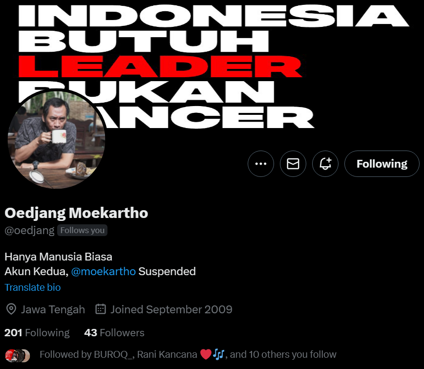 Breaking News..!  

Sahabat #GanjarMahfud2024 , mohon maaf menggangu waktunya, semoga berkenan follow akun baru @oedjang akun lama @moekartho (Account is suspended).   

Terima kasih atas perhatiannya.  
Wassalam,
@BiLLRaY2019