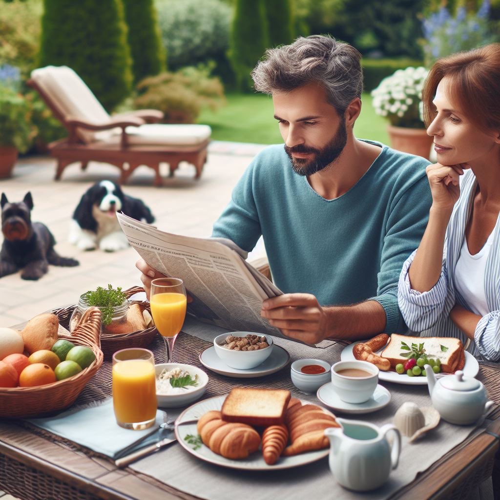 Daily Bing create.
"breakfast on terrace in the garden. Man and wife. reading newspaper. Talk about it. two dogs on background."
#bingcreate #bingcreate picture #AIArtworks