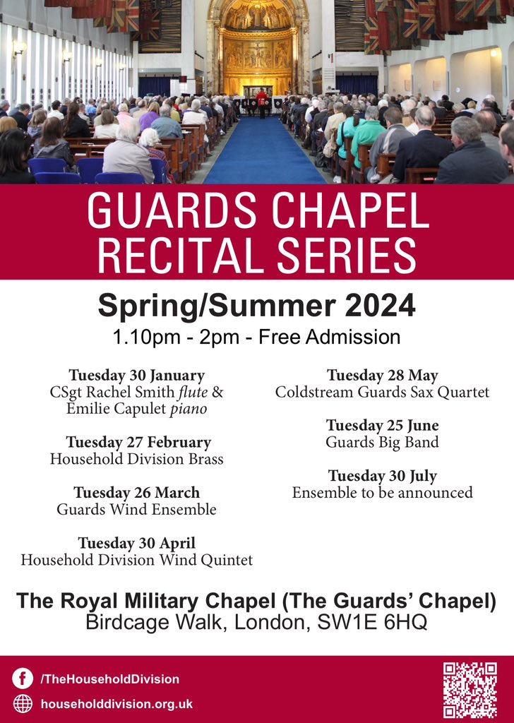 Guards Chapel Recital Series returns on Tuesday 30 January at 1.10pm. We welcome CSgt Rachel Smith from @ColdstreamBand and Dr Emilie Capulet accompanying on the Piano. Quality music in the glorious surroundings of @TheGuardsChapel. See you there! #BritishArmyMusic #GuardsChapel