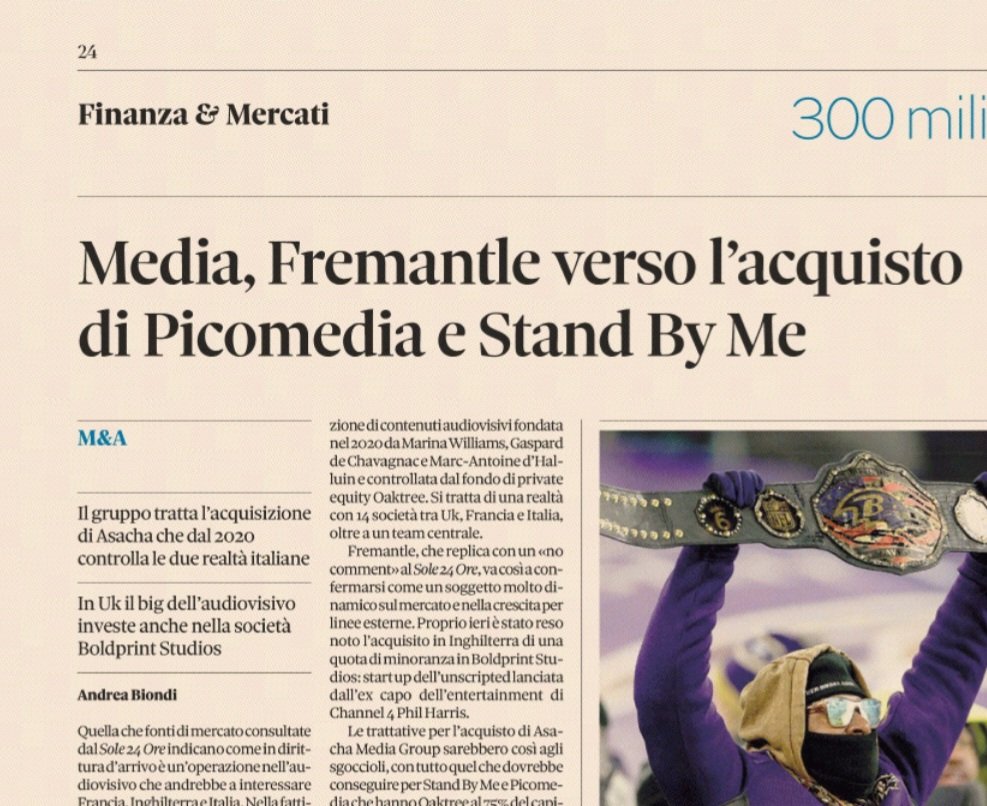 An_Bion's tweet photo. In dirittura un deal "europeo" (Uk, Francia, Italia) nell'#audiovisivo: il gruppo #Fremantle vicino all'acquisizione di #Asacha che ha all'interno @StandByMeTV (Simona Ercolani) e #Picomedia (Roberto Sessa). Oggi sul @sole24ore in #edicola #rassegnastampa #Tv #media https://t.co/AjujOYX0zp