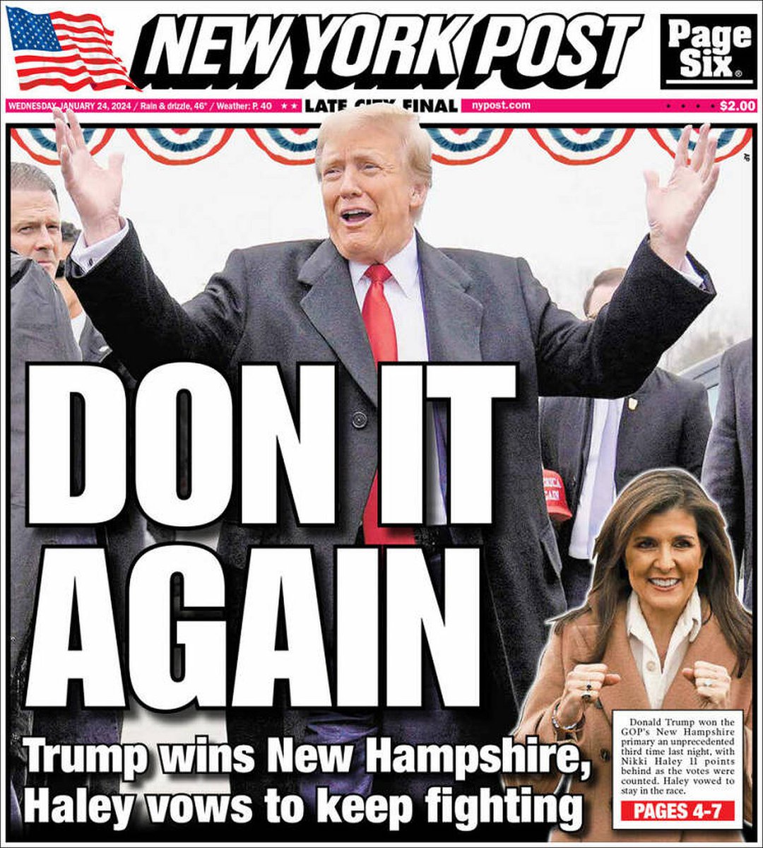 🇺🇸 Don It Again

▫New Hampshire primary exit polls show voters strongly backing Trump on immigration, economy
▫@SChamberlainNYP
▫tinyurl.com/yv76bj8v 🇺🇸

#frontpagestoday #USA @nypost