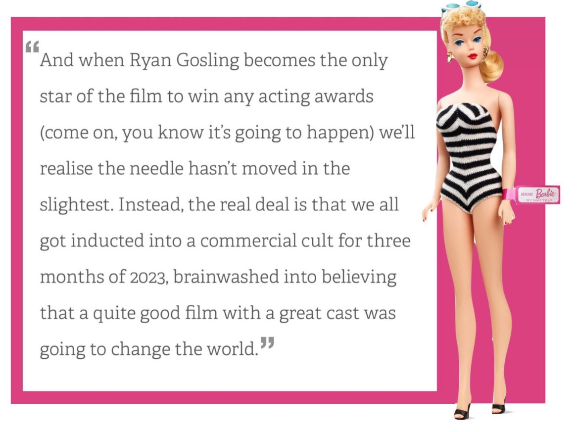 I predicted the Oscars news last September in my column for <a href="/shotscreative/">shots.net</a> about how Barbie became a big pink capitalist cult while Ken got all the kudos.

Read here: “I’m a post-Barbie girl in a Post-Barbie world. So what happens now?” shots.net/news/view/im-a…