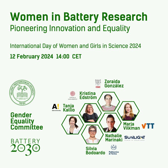 📢@2030Battery online event on 'Women in Battery Research – Pioneering Innovation and Equality' on 12 Feb. Superb speakers include @KristinaEdstrm2 @SBodoardo @Zoriga77 @MarjaVilkman Details here battery2030.eu/news/happening…