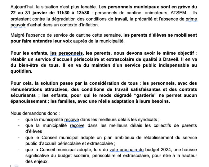 drav_transition's tweet photo. Le service périscolaire de Draveil aux abois : enfants, personnels et parents en font les frais

Devant la grève des agents et la mobilisation des parents, des solutions concrètes sont attendues.

Communiqué de presse : https://t.co/eGXoYGnlKN https://t.co/k5n0sKyNEA