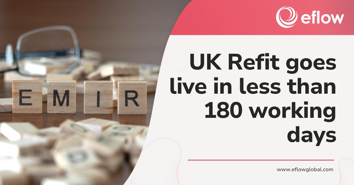 Less than 180 working days to go 📅

On 30 September, EMIR Refit will go live in the UK. Before that, in just over 3 months, it will go live in the EU on April 29th

Learn more about how eflow can help you firm at the link below:

eflowglobal.com/emir-refit/

#EMIRRefit