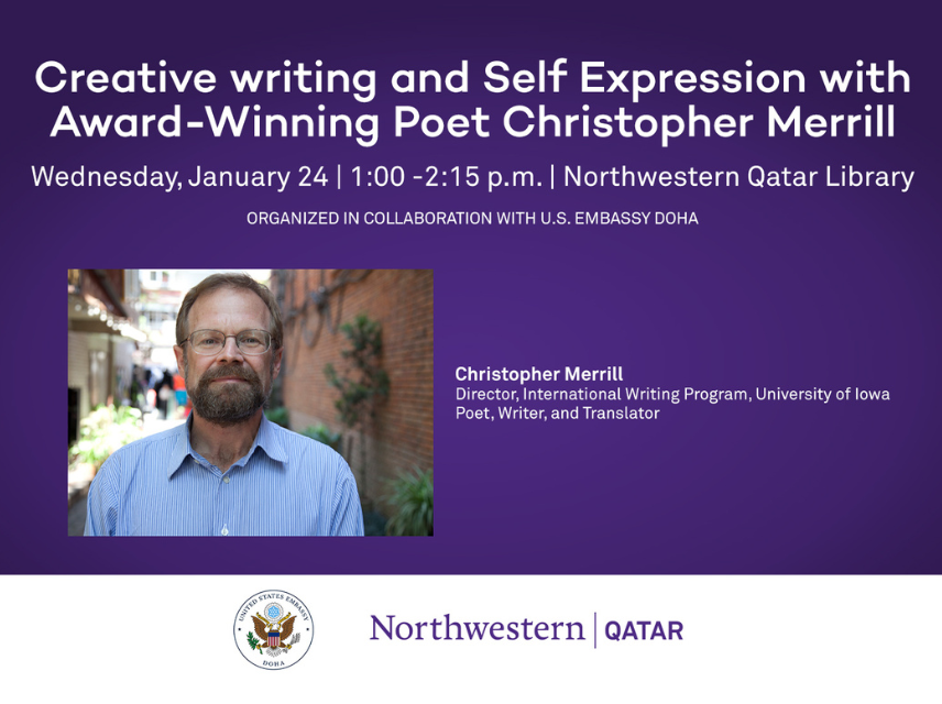 Hey Wildcats! Don't forget to attend today's workshop and poetry reading from acclaimed poet <a href="/CLMerrill/">Christopher Merrill</a>, Director of the International Writing Program at the <a href="/uiowa/">University of Iowa</a> in NUQ Library, at 1 p.m.