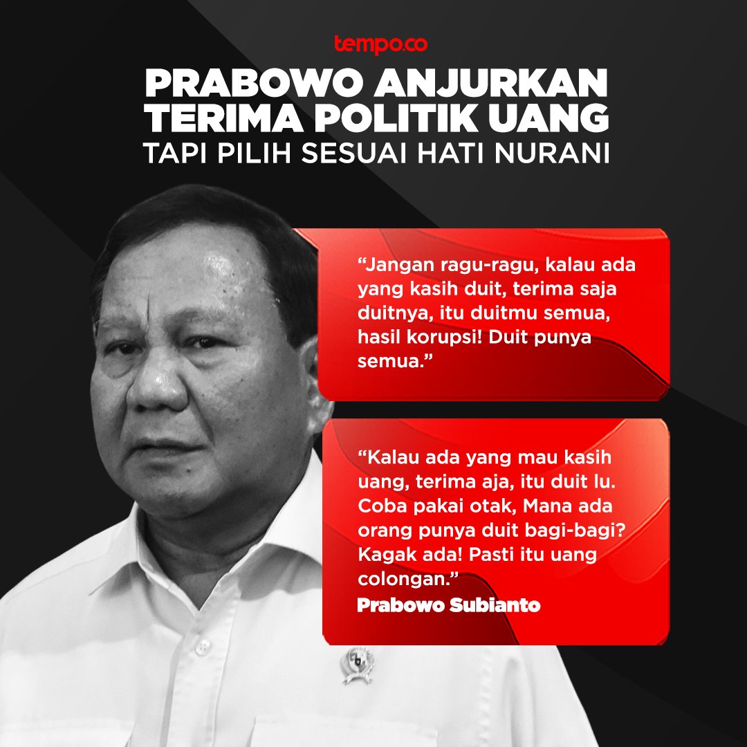 Prabowo Subianto mengatakan, masyarakat boleh menerima "money politics" atau serangan fajar saat hari pencoblosan Pilpres 2024.

Menurutnya, hal itu karena uang yang diberikan politisi tersebut merupakan uang rakyat.

#TempoQuotes #Prabowo