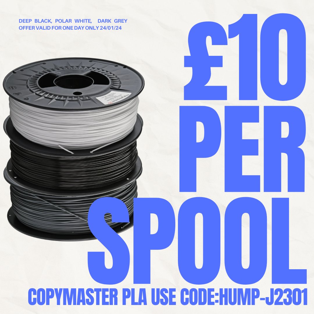 MID WEEK TREAT 🎁

We know you deserve a treat to making it to hump day! 

Buy our Copymaster PLA Deep Black, Polar White or Dark Grey for £10 per spool.

USE CODE: HUMP-J2301

This offer ends at midnight tonight.