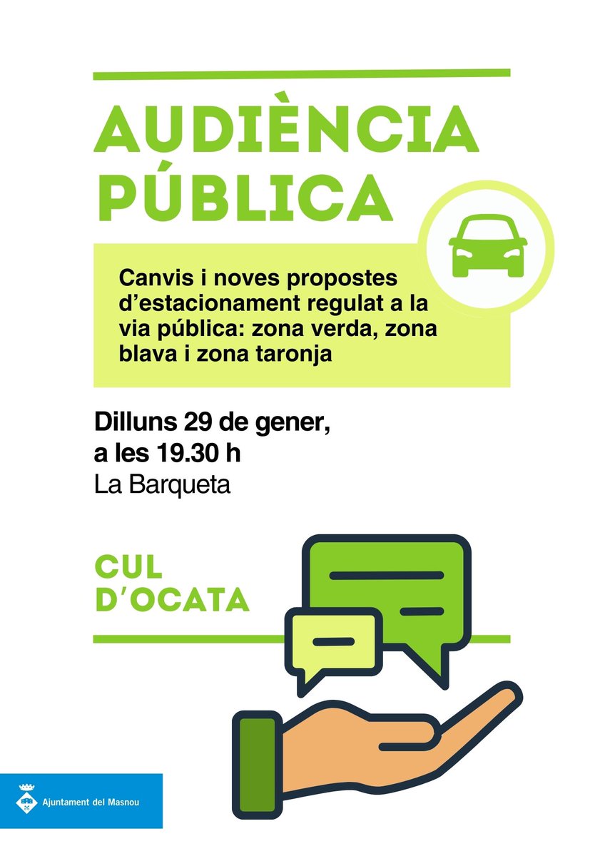Davant la imminent ampliacio de la zona verda a Ocata, l’Ajuntament convoca audiència pública el proper 29 a la nostra seu (la barqueta). Hem de ser-hi tots per fer que s’escolti la nostra veu.
Prou imposicions!! 
Zona Verda gratuïta pels residents!!!