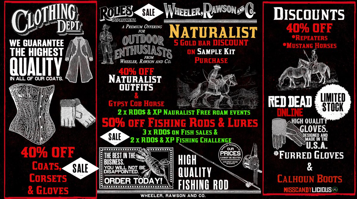 #Naturalist month offers some super fine Discounts, Rewards and the return of #LimitedItems

FURRED GLOVES &amp; CALHOUN BOOTS
 Plus 50% off Fishing Rods &amp; Lures

#RedDeadOnline #RockstarGames