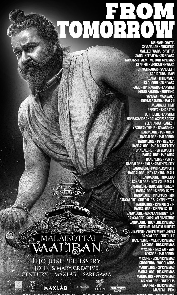 KRG_Studios's tweet photo. There's no other ecstasy like that of victory! 🦁🔥

#MalaikottaiVaaliban is arriving tomorrow and the rest is history!

@Mohanlal @mrinvicible @shibu_babyjohn @achubabyjohn @mesonalee @danishsait @johnmaryctve #maxlab @YoodleeFilms @nandi_katha @ActorManojMoses @VIKME @saregamaglobal @saregamasouth @KRG_Studios