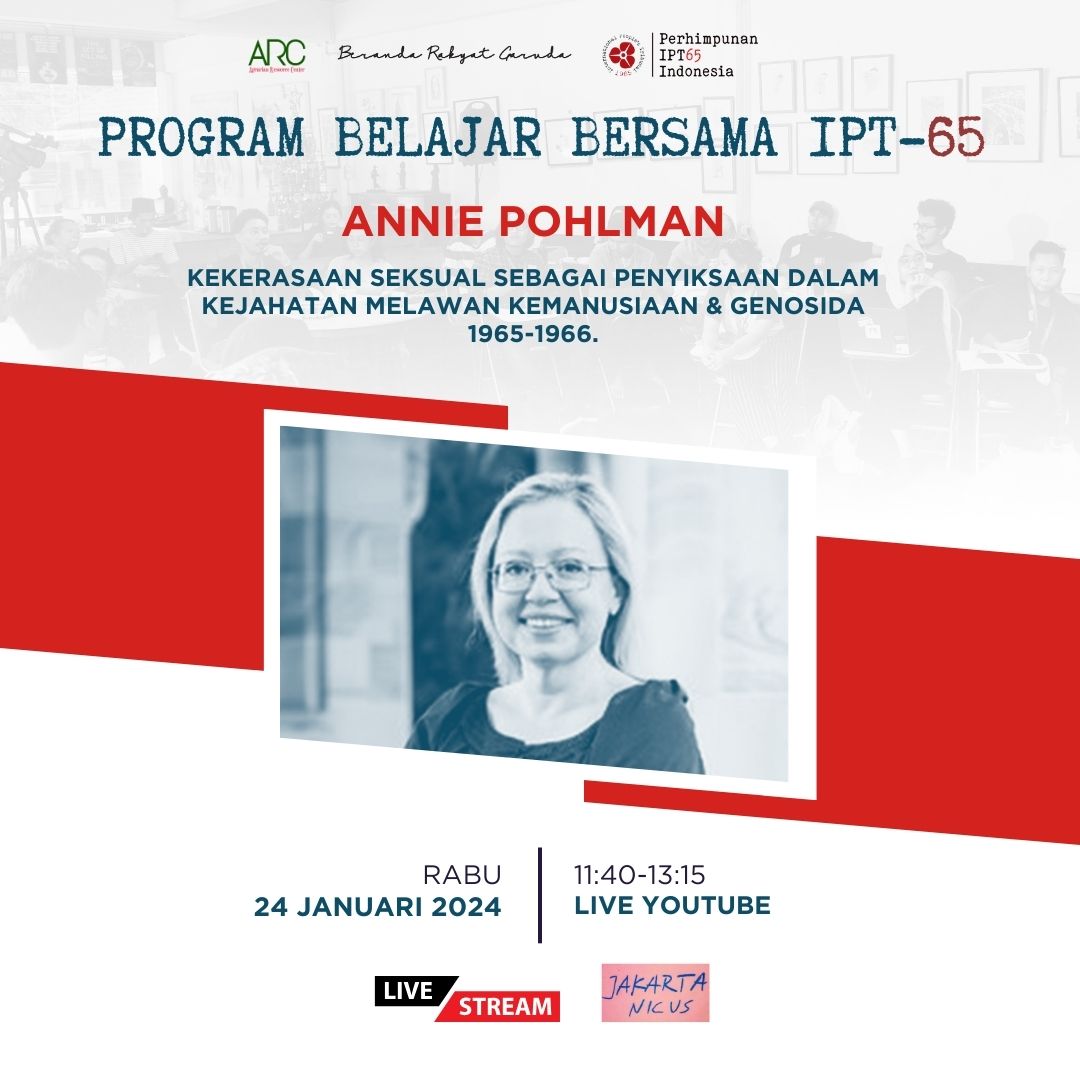 Hallo kawan - kawan🎉 Untuk sesi Kedua Rabu 24 Januari 2024 11:15-13:15 Annie Pohlman Kekerasaan Seksual sebagai Penyiksaan dalam Kejahatan melawan Kemanusiaan & Genosida 1965-1966. ini dia link streamingnya guys: youtube.com/live/fqahB-cjA… Atau klik link di bio Terimakasih