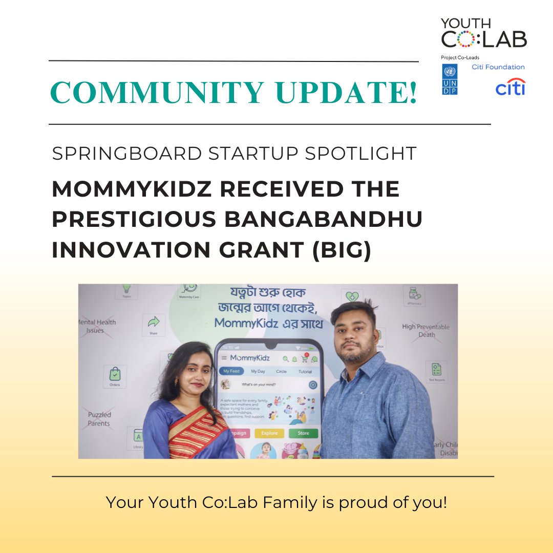 🌟 Here's a #YouthCoLab Springboard Programme Startup Spotlight! 🚀 MommyKidz from Bangladesh received the prestigious Bangabandhu Innovation Grant (BIG) out of 6,846 applicants! Read the full story: mommykidz.com/2023/06/17/win…