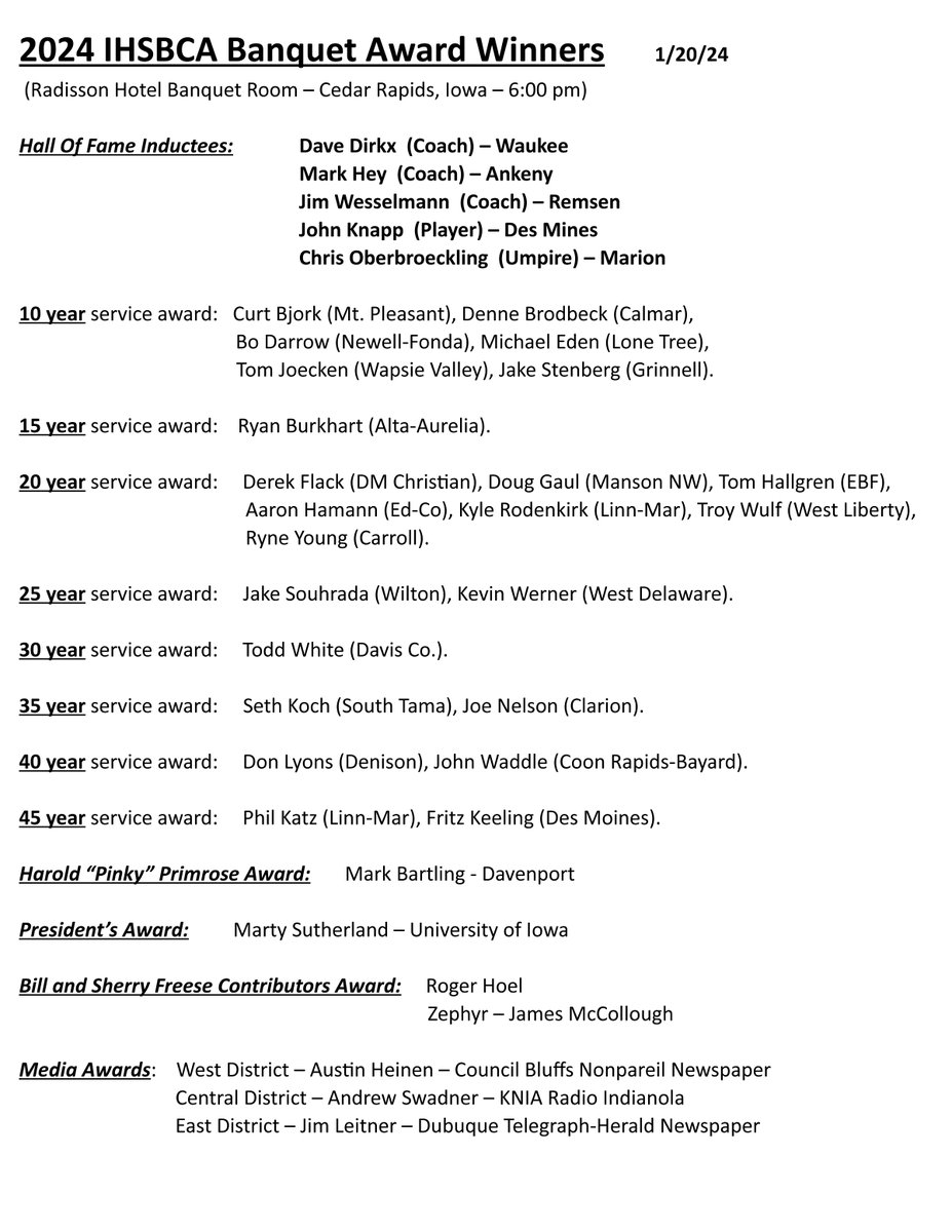 iahsbb's tweet photo. The Iowa High School Baseball Coaches Association held its 56th annual baseball banquet last weekend in Cedar Rapids. 
Here is a list of award winners and new inductees into the IHSBCA Hall of Fame. 
#iahsbb https://t.co/SBjQc8QsgV