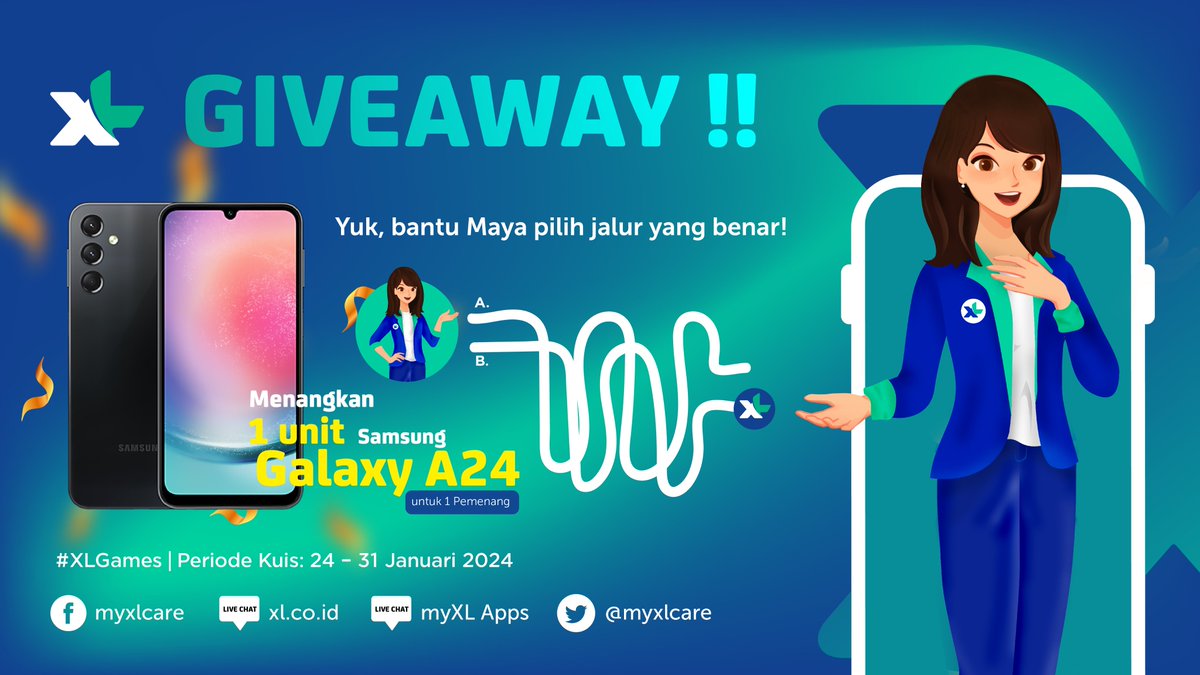 myXLCare's tweet image. 💙 GIVEAWAY 💙
Ada 1 unit Samsung Galaxy A24 dari Maya untuk 1 Teman Maya yang beruntung!

Ikuti caranya:
➡️ Follow @myXLCare
➡️ Pastikan sudah RT &amp;amp; Like tweet ini
➡️ Jawab pertanyaan sebanyak mungkin dengan benar di kolom komentar, dan sertakan hashtag #XLGames

Good luck! 😊