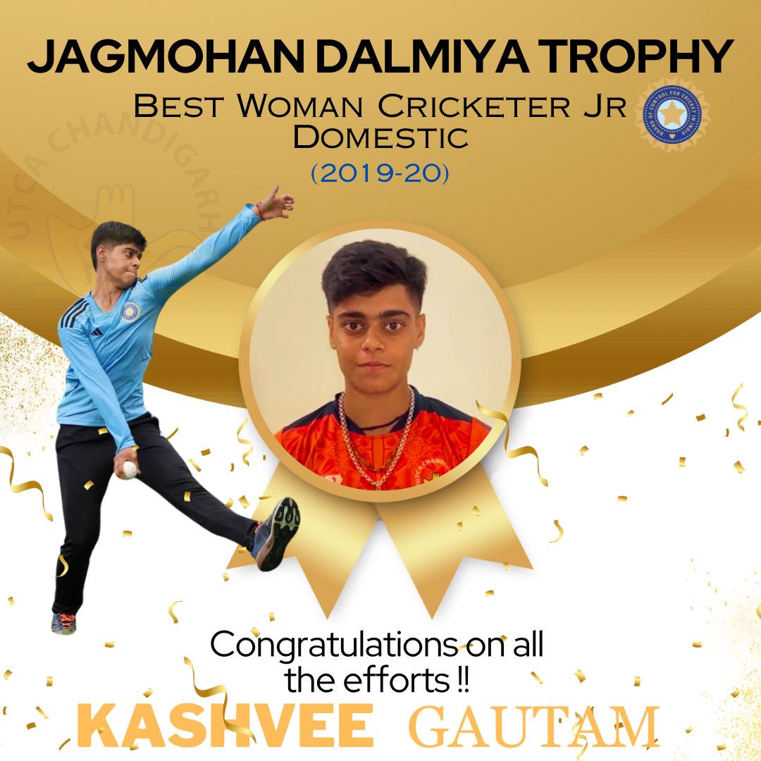 Kashvee Gautam shines bright, winning the prestigious Jagmohan Dalmiya Trophy for Best Woman Cricketer, Junior Domestic (2019-20). 🌟 Congratulations, Kashvee! Your dedication and skill inspire us all. 🏏🔥 #JagmohanDalmiyaTrophy #ChampionSpirit #KashveeGautam