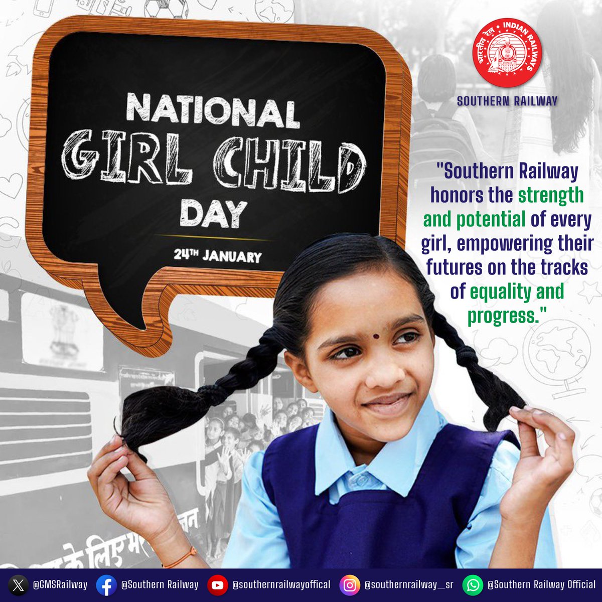 Celebrating the strength, resilience, and potential of every girl on #NationalGirlChildDay. 

Let's create a world where they can thrive! 🌍🌸 

 #GirlsDeserveBetter #EmpowerHer #DreamBig #GirlPower #EqualityForAll #EducateHer #SouthernRailway