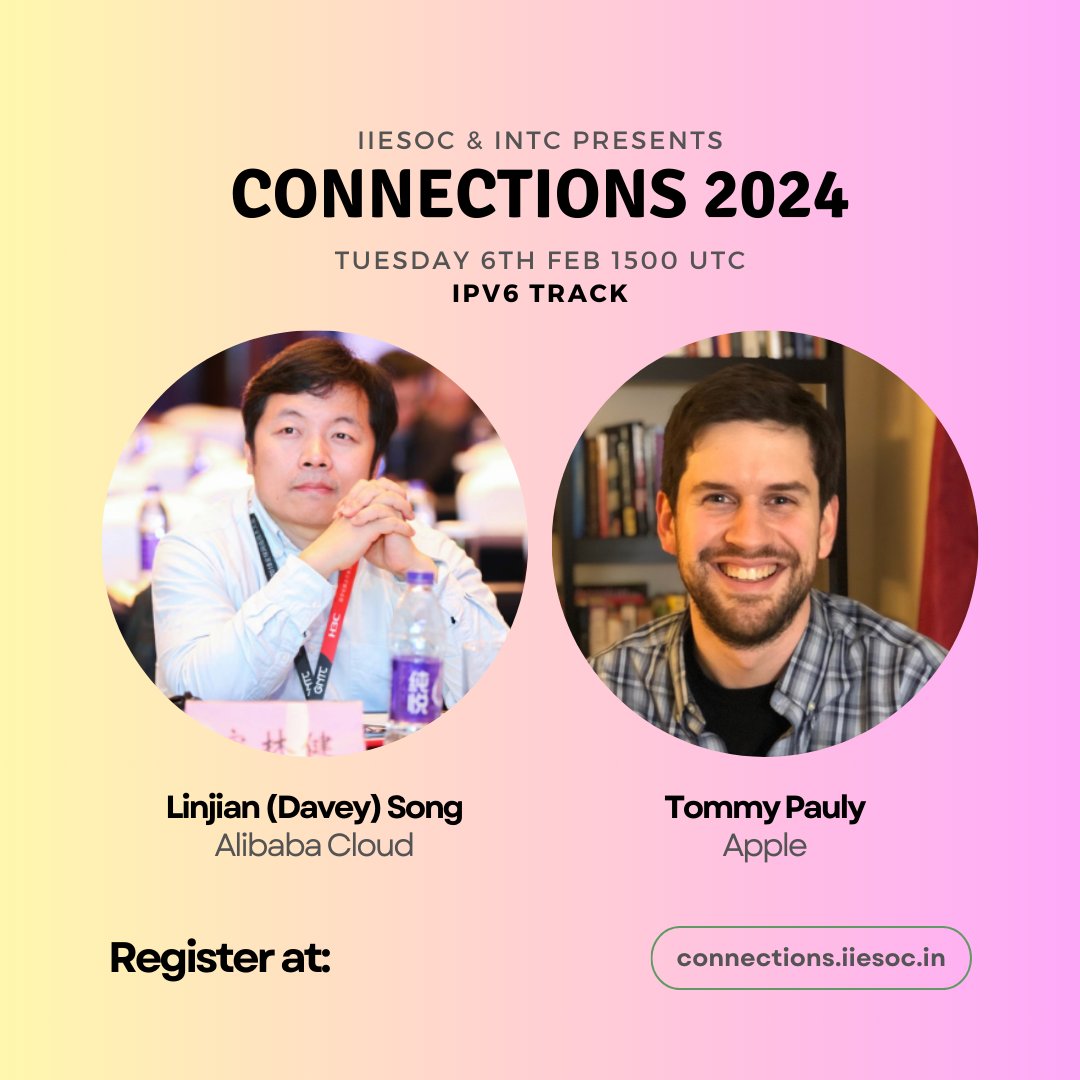 Join us for #IPv6 track at #Connections2024 on Tue, Feb 6, 2024, at 1500 UTC.

Linjian Song (Davey) will provide insights into the large-scale deployment of IPv6 at <a href="/AlibabaGroup/">Alibaba Group</a>. <a href="/tommypauly/">tommy</a> will provide background on #HappyEyeball. 

connections.iiesoc.in

#IIESoc #INTC #IETF