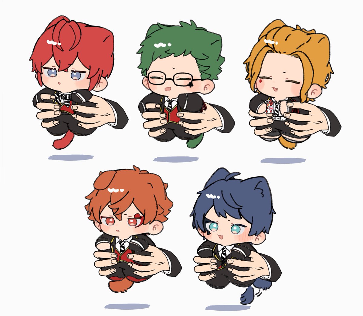 animal ears multiple boys green hair blue hair male focus tail red hair  illustration images