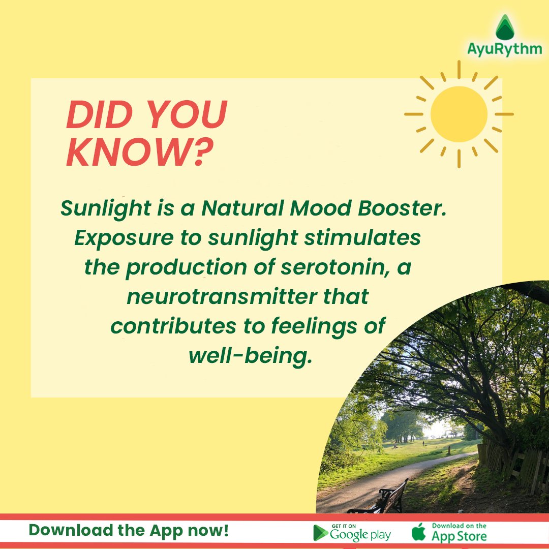 Soak up the sunshine! ☀️ Did you know sunlight boosts serotonin, your natural mood lifter? Embrace the rays for instant smiles! 😊 📲 Install the App Now❗️ Android: bit.ly/3T6iW0a IOS: apple.co/42dStl . . . #AyuRythm #SunshineMood #SerotoninBoost