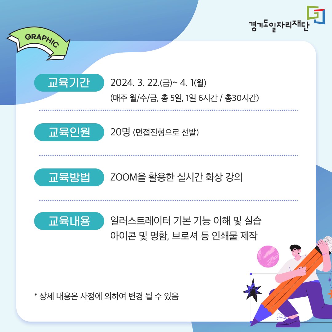 jobabanet's tweet photo. 2024년 처음 시작하는 일러스트 과정 교육생 모집
⠀
일러스트레이터로 취업을 희망하는
경기도 여성 구직자 분들을 위해
일러스트 과정 교육생을 모집하니
많은 관심 부탁드려요😀
⠀
https://t.co/lTjxaLOlq2
⠀
#경기도일자리재단 과 새로운 기회를 #잡아바 https://t.co/oRZHHcHx2Q