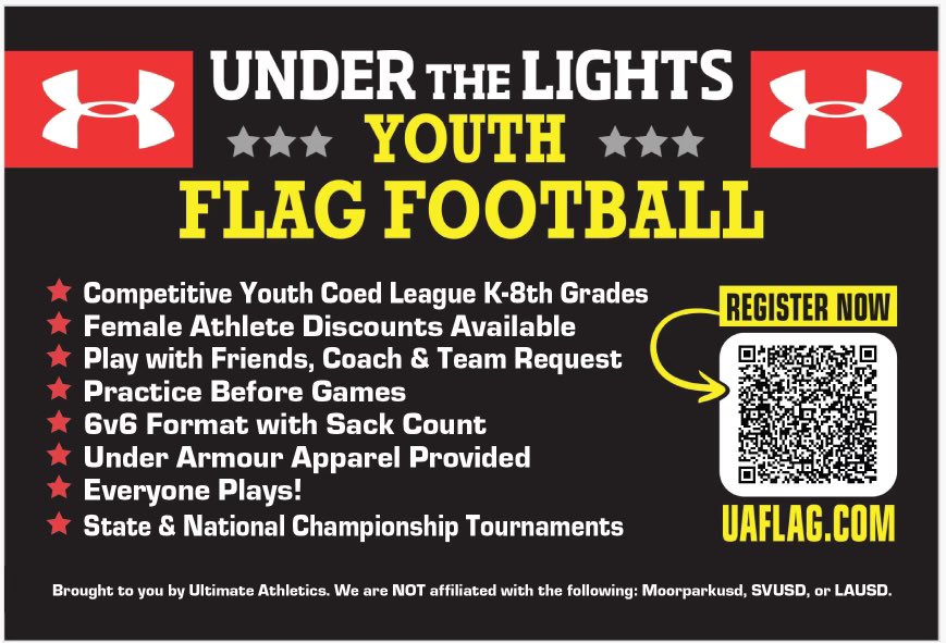 New youth Flag Football league is forming, registration is open now, season starts in April! Games will be played at Simi Valley High School. 🎉Register here: uaflag.com/page/show/8396…