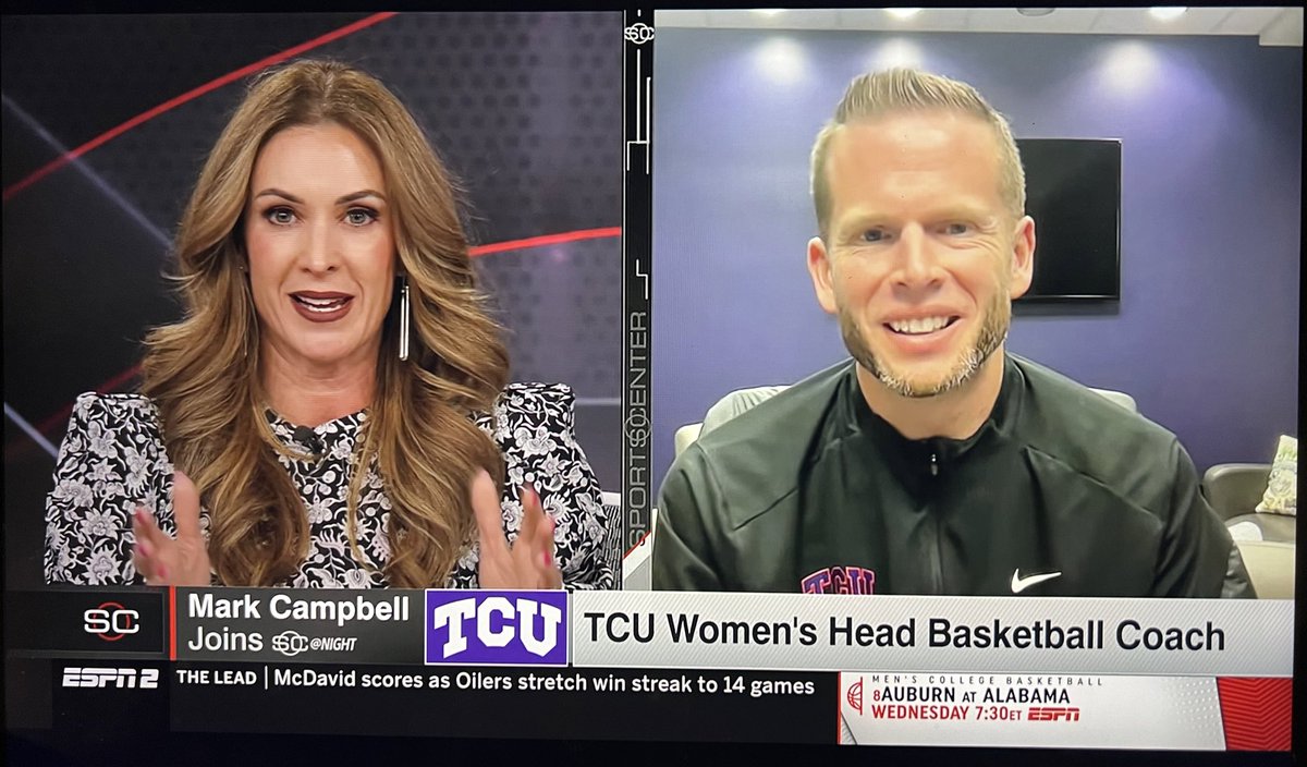 TCU Head Coach Mark Campbell (@GoFrogsMC) joins Nicole Briscoe on @SportsCenter tonight following the 66-60 win over UCF! After all this program has been through, the definition of overcoming adversity was shown on the court in Fort Worth tonight! #Big12WBB 🏀