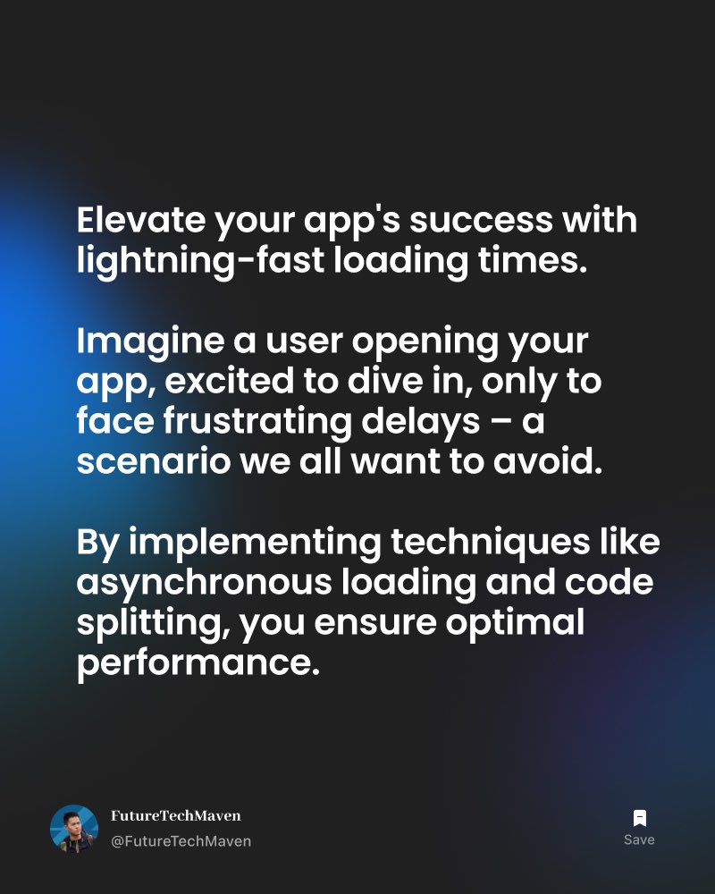 FutureTechMaven's tweet image. Loading lag got your users yawning? It&apos;s time for a swift makeover! 🏎️ Accelerate app performance, ditch delays, and turn frustration into rave reviews. #swiftloading #appsuccess #techmagic #optimisationwins #userexperience #techtip #softwaredevelopment #levelupdevelopment