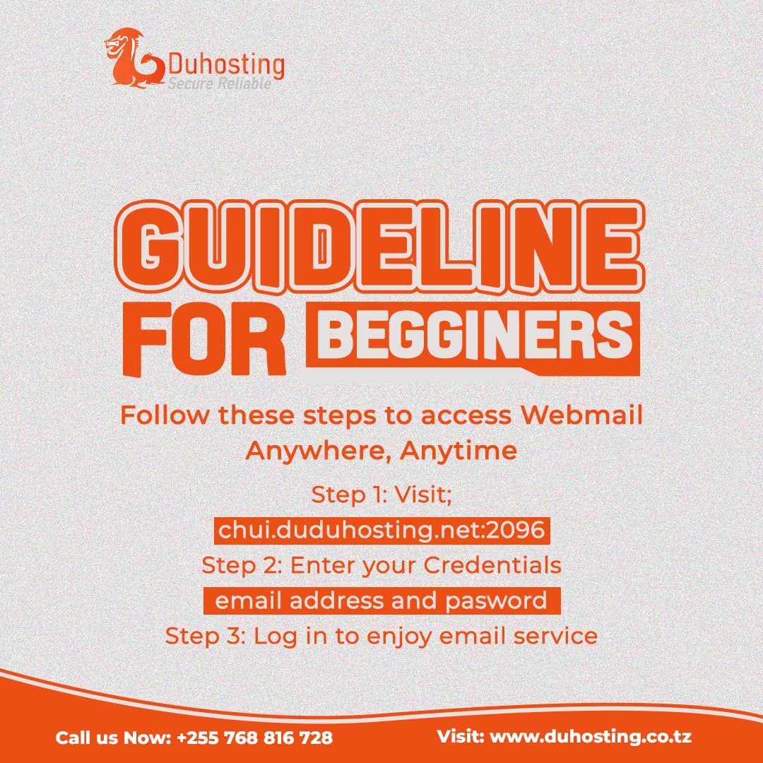 duhostingtz's tweet image. 🌐 Webmail Made Easy for Beginners! 🚀
Follow these steps to access your emails anytime, anywhere:
1️⃣ Visit chui.duduhosting.net:2096 🌐 
2️⃣ Enter Your Credentials: Email Address 📧 and Password 🔒 
3️⃣ Log into enjoy email service 
 #Webmail #BeginnersGuide #EmailAccess #DuHosting
