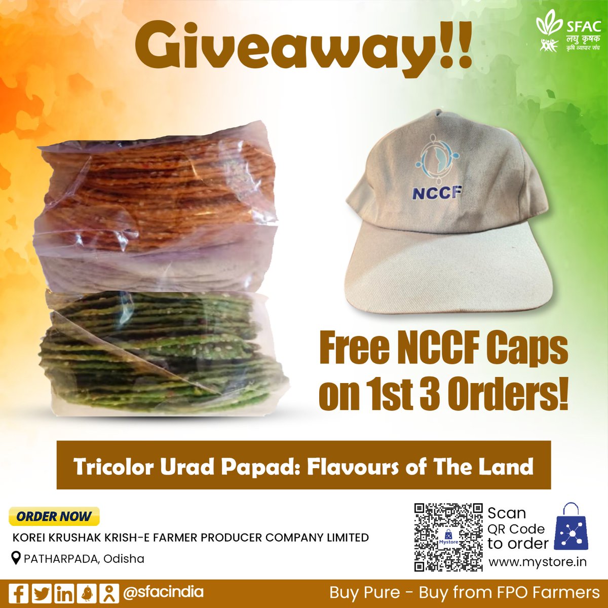 Tricolor Papad from #FPO farmers of Odisha.
In every crunchy bite, a symphony of Saffron, Green &amp; White in flavours of Tomato, Mint &amp; Til.

Order Now: t.ly/S7VJU

Celebrate Republic Day in taste.  

#VocalForLocal #RepublicDay #RepublicDayParade #HealthyEating