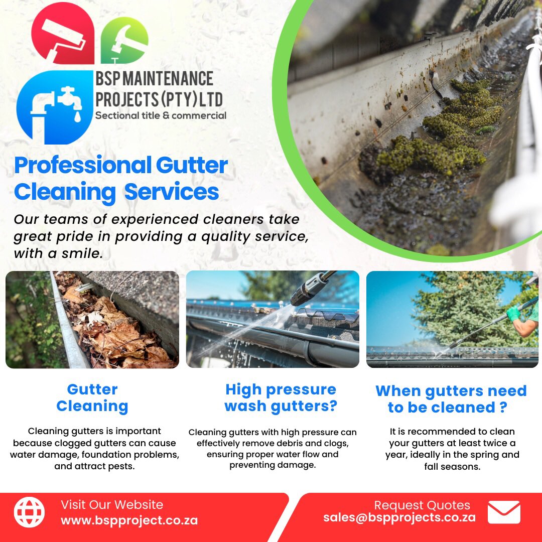 BSPProjects's tweet image. Don't let clogged gutters rain on your parade! Our professional gutter cleaning services are here to keep your property safe and dry. 

📧sales@bspprojects.co.za
🌐bspprojects.co.za