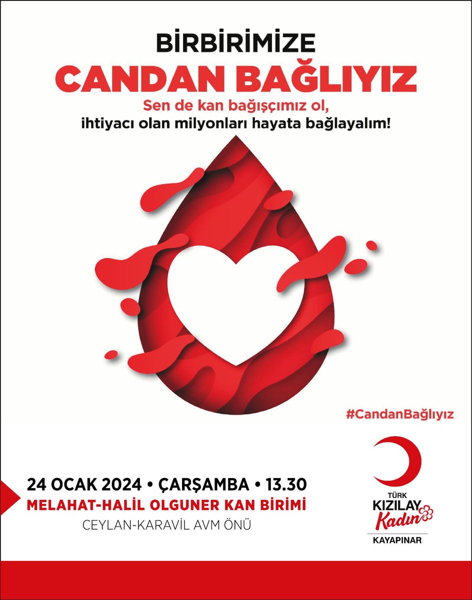 Kayapınar Şubesi Kadın Başkanlığımız tarafından düzenlenen kan verme etkinliğine davet.!

Sen de kan bağışçımız ol,
ihtiyacı olan milyonları hayata bağlayalım!

#CandanBağlıyız 🩸

⏰13.30
🗓️ 24 Ocak 2024 Çarşamba 
📍Melahat - Halil Olguner Kan Birini
Ceylan - Karavil AVM Önü