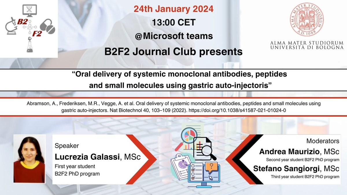 Are you ready for #JournalClub2024? Today at 1pm on Teams, 1st year PhD student Lucrezia Galassi will discuss with us about 'Oral delivery of systemic monoclonal antibodies, peptides and small molecules using a gastric auto-injectoris'. You can check it at:doi.org/10.1038/s41587…