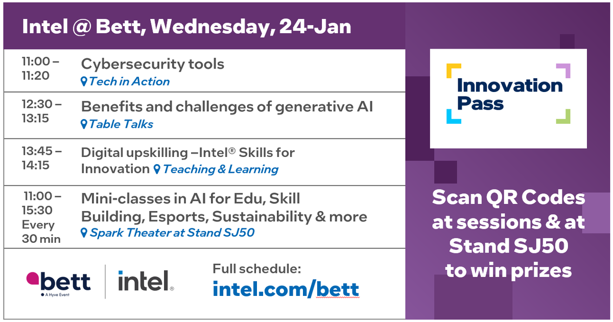 CigdemErtem's tweet photo. Day 1 of #BettUK &amp; the #IntelEdu team is offering 3 presentations today + all day mini-classes at Stand  SJ50. Look for Innovation Pass QR codes at all our events &amp; scan to earn prizes. You could win a laptop! See schedule at https://t.co/Z9prFHYDae

#IntelEdu #Bett2024 #BettShow https://t.co/Rvho2w5KTW