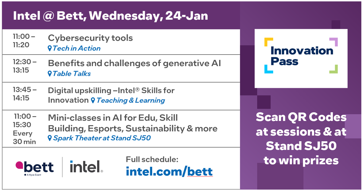 Day 1 of #BettUK & the #IntelEdu team is offering 3 presentations today + all day mini-classes at Stand  SJ50. Look for Innovation Pass QR codes at all our events & scan to earn prizes. You could win a laptop! See schedule at Intel.com/Bett

#IntelEdu #Bett2024 #BettShow