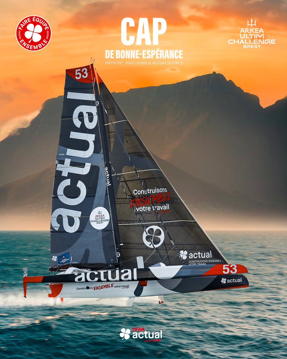 team_actual_'s tweet photo. [𝗔𝗥𝗞𝗘𝗔 𝗨𝗟𝗧𝗜𝗠 𝗖𝗛𝗔𝗟𝗟𝗘𝗡𝗚𝗘 - 𝗕𝗥𝗘𝗦𝗧 | CAP DE BONNE ESPERANCE ]
Après 16 jours, 5 heures et 55 minutes, le premier cap de ce tour du monde est franchi pour @_AnthoMarchand et l'Actual Ultim 3.

#GOANTHO | @GroupeActual | #FaireEquipeEnsemble https://t.co/srLZNqqGr0