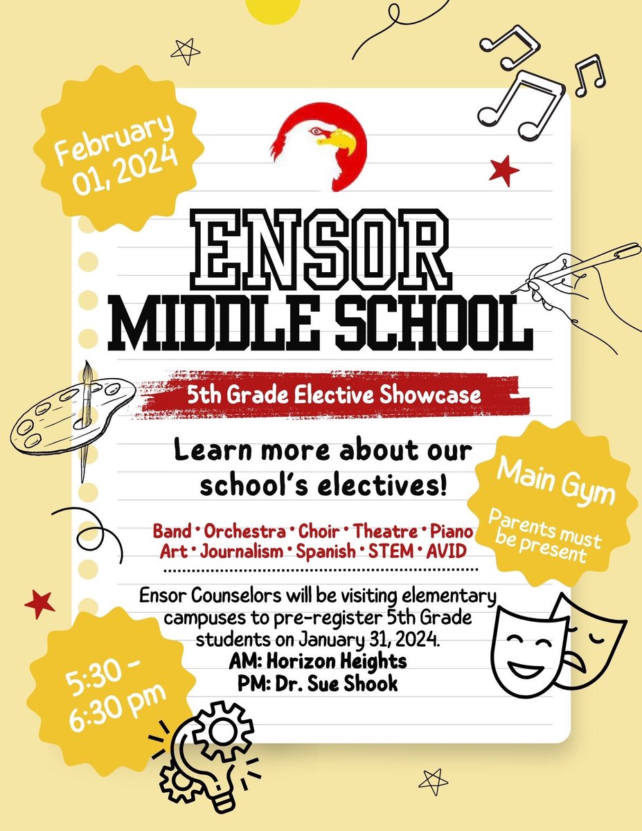 Calling all future incoming 6th grade eagles! Ensor Middle School will be hosting an Elective Showcase! Please join us on Thursday February 1, 2024 to find out more information on our wonderful programs! @Ensor_MS