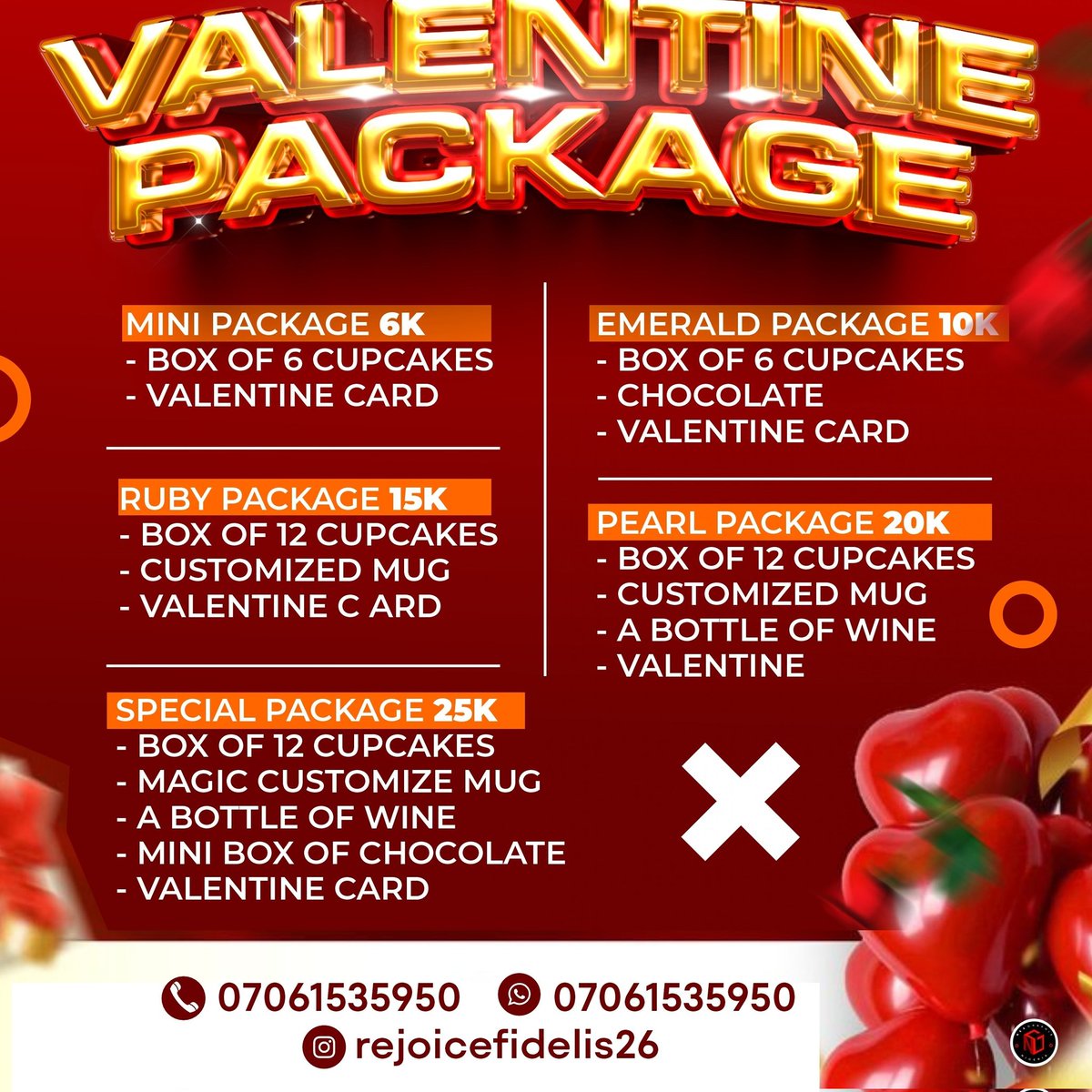wa.me/message/ZS6PUU…
Hi lovelies🥰🥰🥰....
Valentine season is here again❤️
Spoil yourself,your man/woman and even your brothers and sisters with a price next to nothing 🙏💯.
Kindly click on the link and make your orders🙏🙏🙏🙏🙏