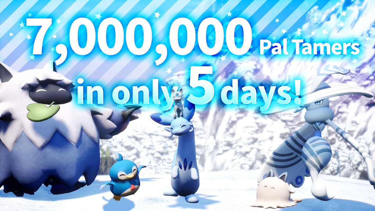 Palworld (@palworld_en) on Twitter photo #Palworld has sold over 7 million copies in only 5 days!
Thank you very much!!
We continue to be hard at work addressing the issues and bugs some users are experiencing.
Thanks for your support! #Palworld has sold over 7 million copies in only 5 days!
Thank you very much!!
We continue to be hard at work addressing the issues and bugs some users are experiencing.
Thanks for your support!