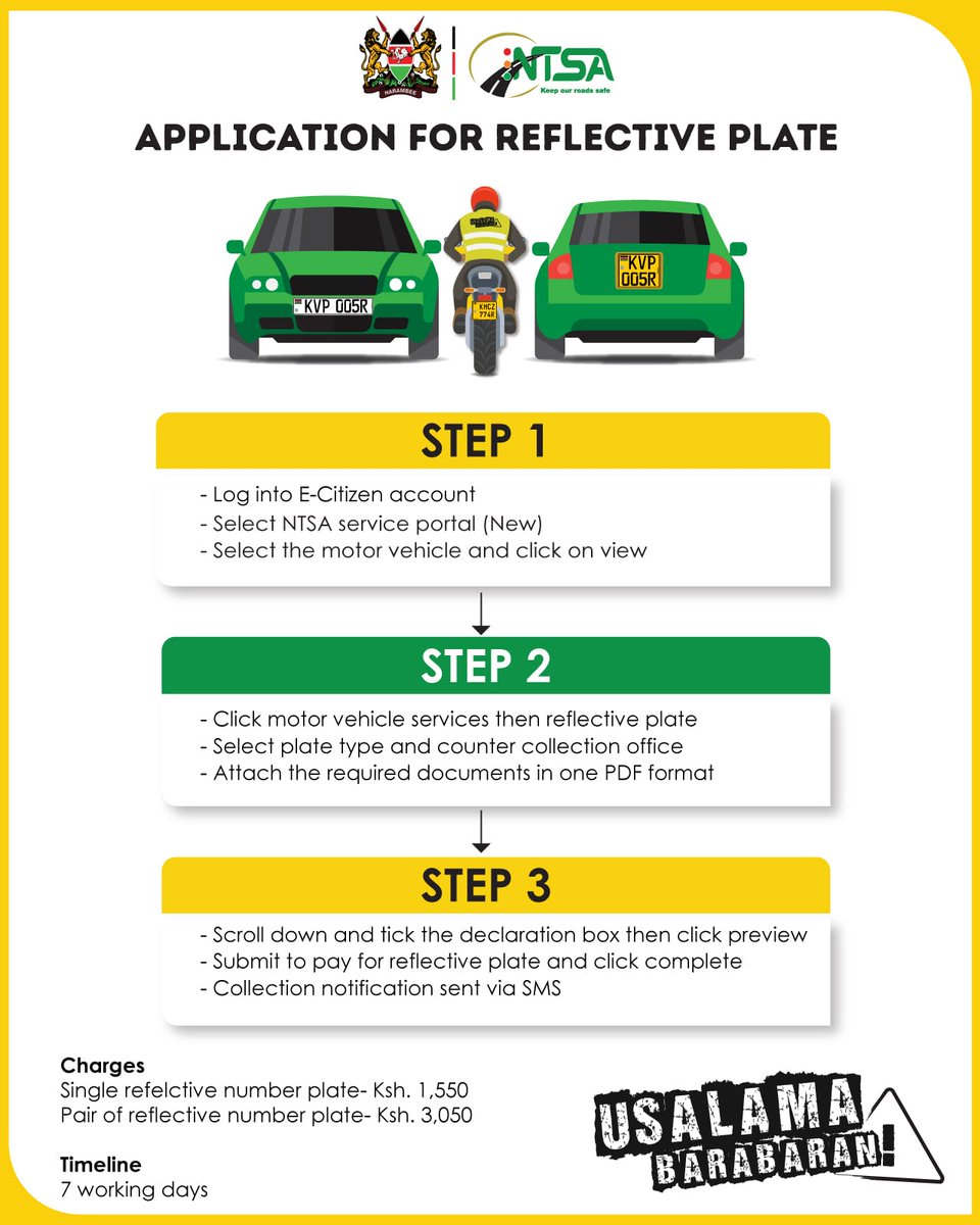 ntsa_kenya's tweet image. REFLECTIVE PLATES SHAPES 

📢Reflective number plates come in oblong and square shapes.

🚘🚚Before submitting an application, kindly confirm the shape of the plates currently affixed on the motor vehicle. 

📎We have reduced the application process to 3 simple steps.

🖥️Apply…