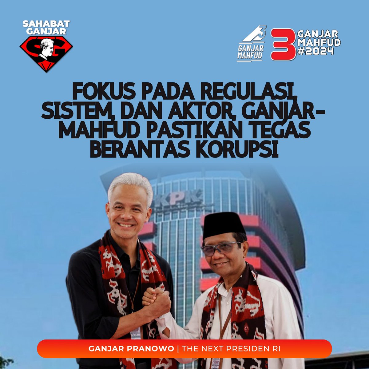Fokus pada regulasi sistem, dan aktir, Ganjar-Mahfud pastikan tegas berantas korupsi

#SahabatGanjar #GanjarPranowo #Ganjar #MenangkanGanjar #GenerasiGotongRoyong